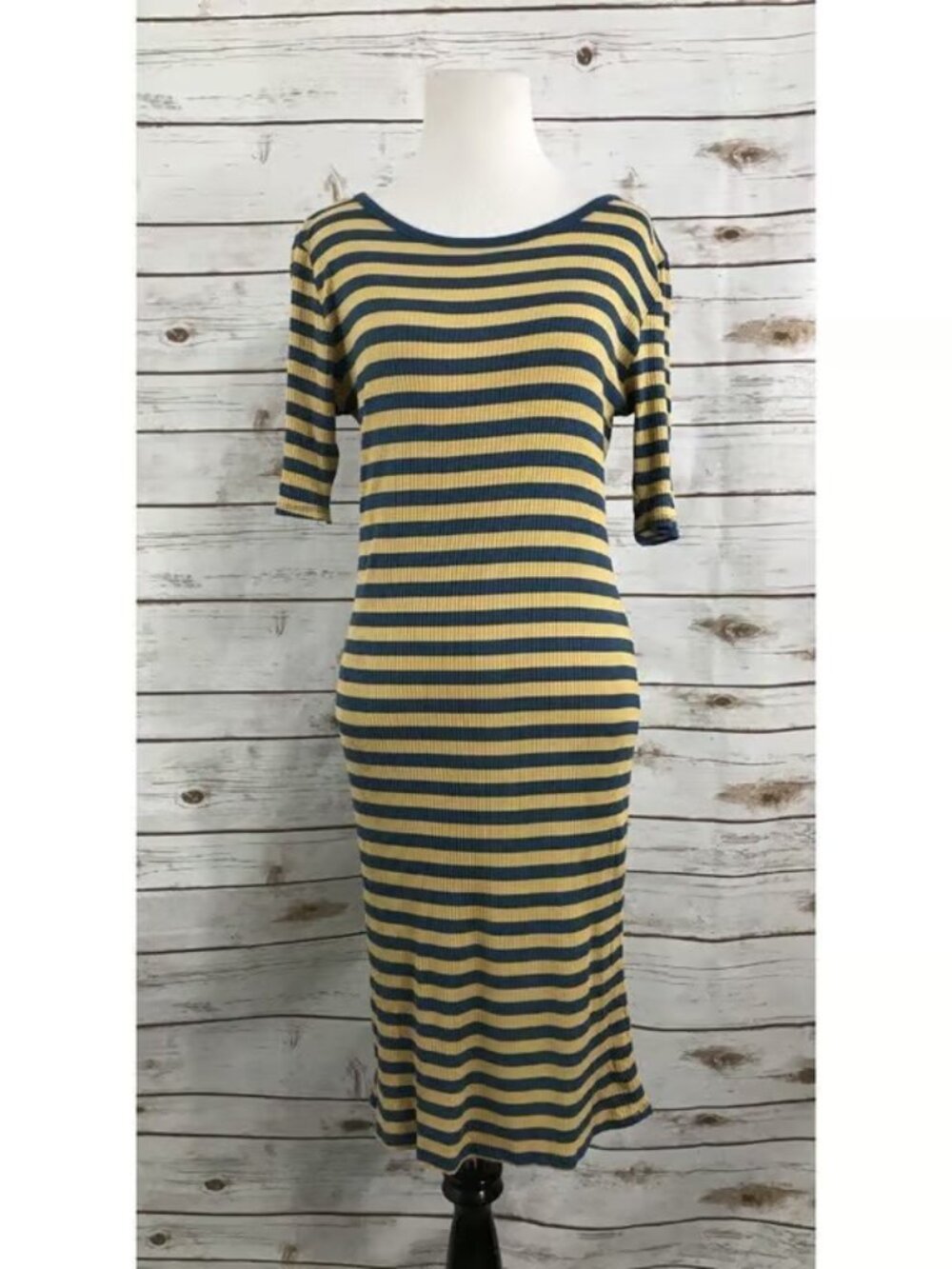 LuLaRoe Women’s Julia Blue Yellow Striped Ribbed Dress M